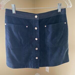 Navy suede and leather mini skirt with button-up front
